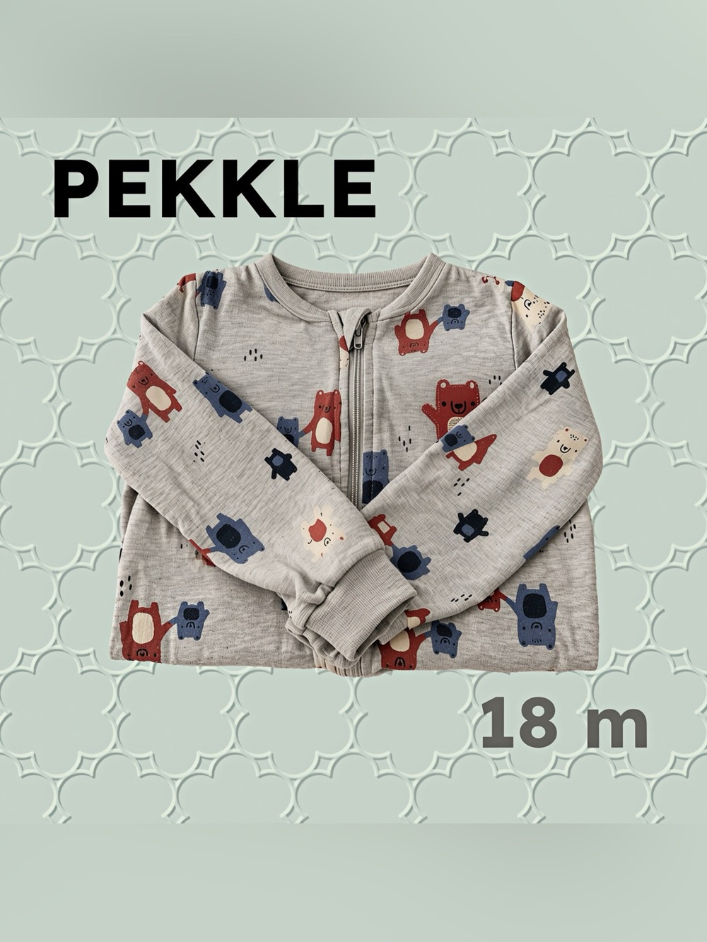 🇨🇦👍GUC PEKKLE |18 mo| Unisex Gray Bear print baby Footed Pyjama organic cotton